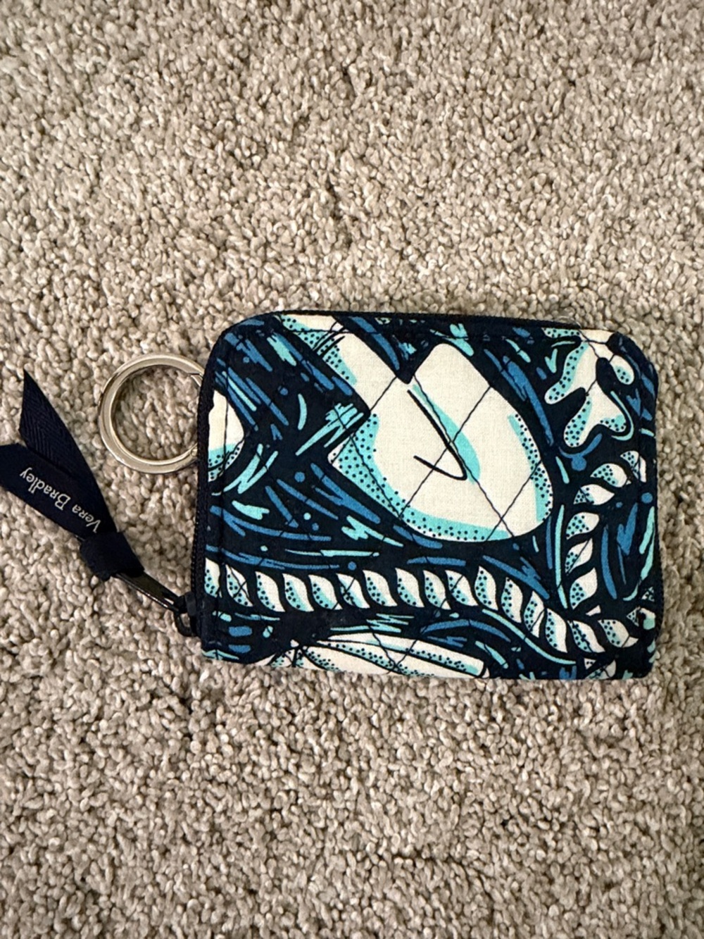 Vera Bradley Navy and Aqua Quilted Card Case with Key Ring